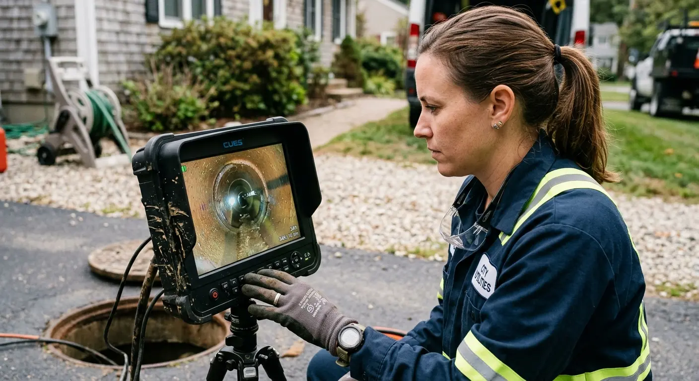 Technician reviewing sewer camera inspection footage in Claremore