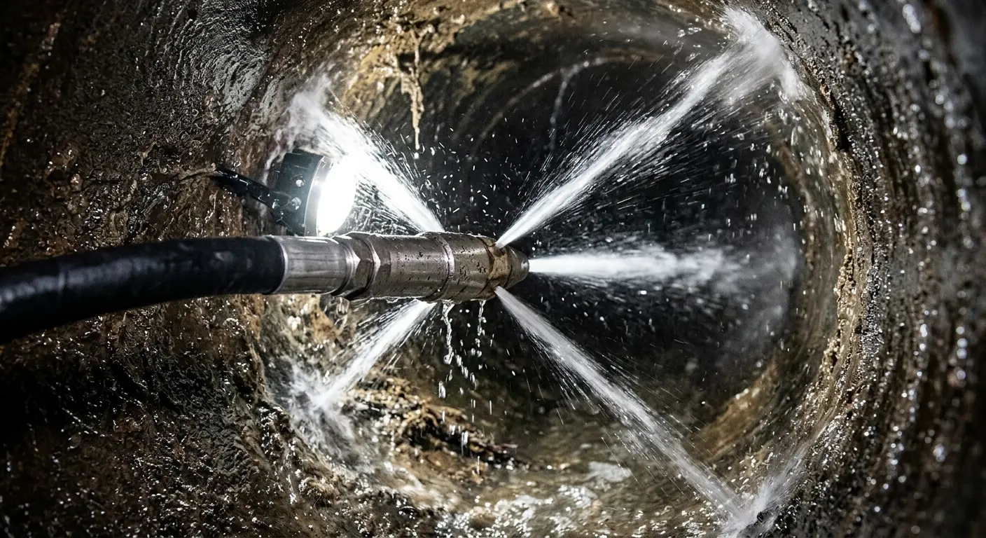 High-pressure hydro jetting nozzle cleaning sewer pipe for Trenchless Sewer Repair in Claremore