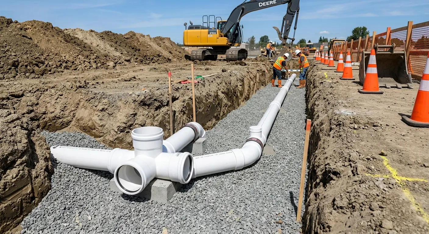 New PVC sewer pipe installation in open trench for Grease Trap Cleaning in Claremore