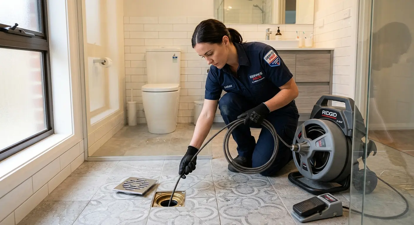 Technician clearing a bathroom floor drain for Drain Repair in Claremore